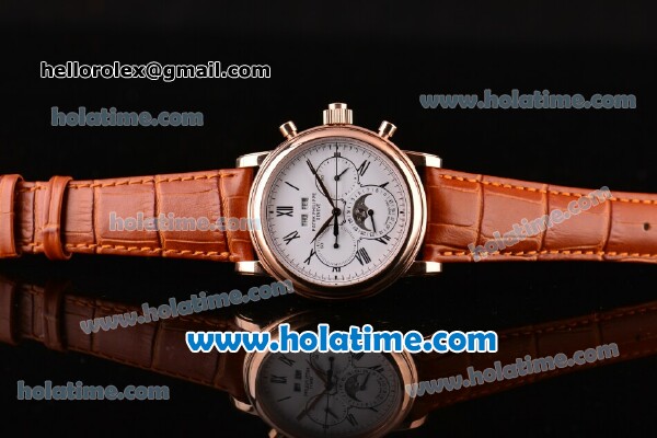 Patek Philippe Complications Asia Automatic Rose Gold Case with Brown Leather Strap Roman Numeral Markers and White Dial - Click Image to Close